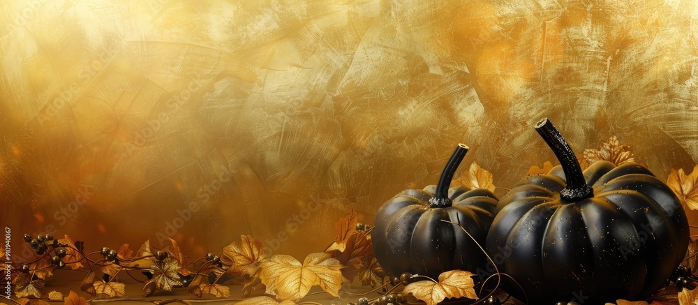 Poster elegant fall pumpkin arrangement in gold and black on a golden backdrop with ample copy space image