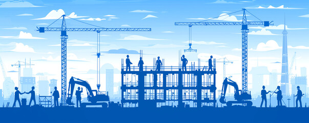 A construction site with a group of workers and a crane. Scene is busy and active
