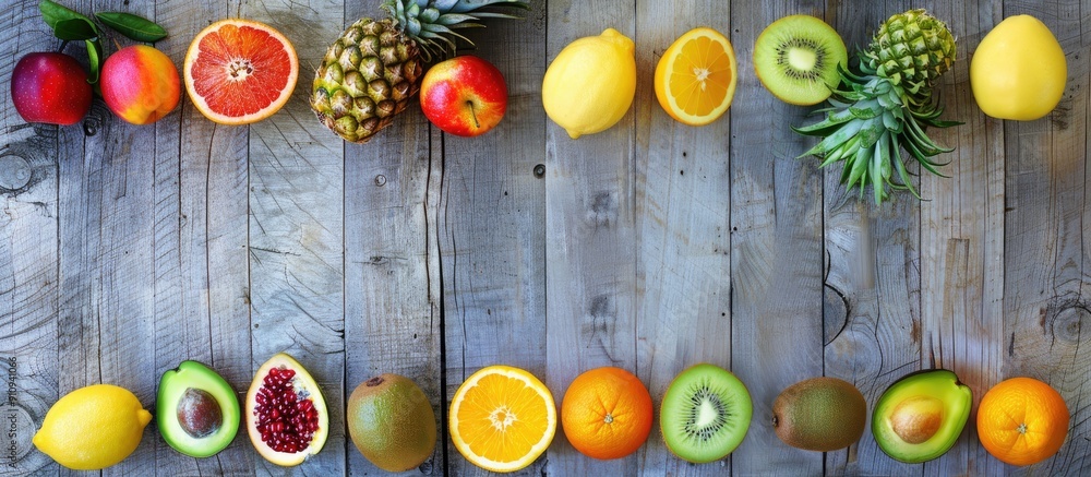Aufkleber A variety of colorful fruits like kiwi apple avocado mango orange pineapple and lemon set on a wooden surface creating a vibrant image with space for adding text or designs. Creative banner