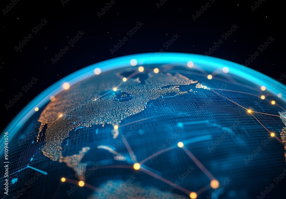 Poster abstract digital world map with global network connections on a blue background