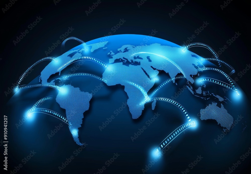 Aufkleber abstract digital world map with global network connections on a blue background