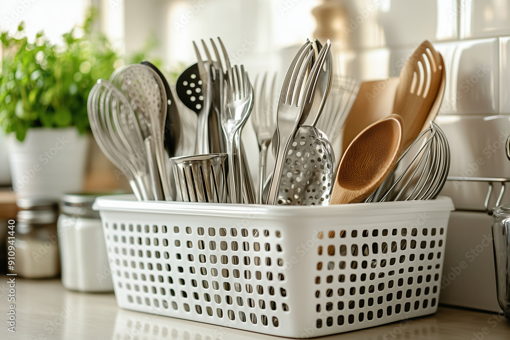 Wall mural close-up of kitchen utensils and pots in the dish rack, with clean dishes after washing, against lig