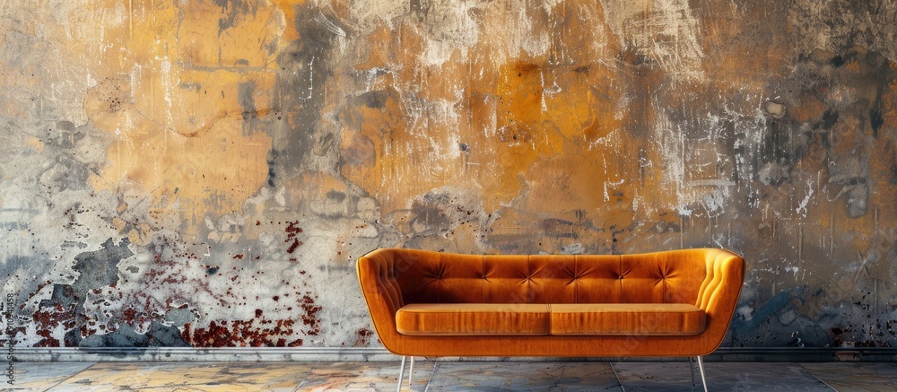 Sticker Retro orange couch set against a weathered wall in a vintage style room with a rustic setting and copy space image available