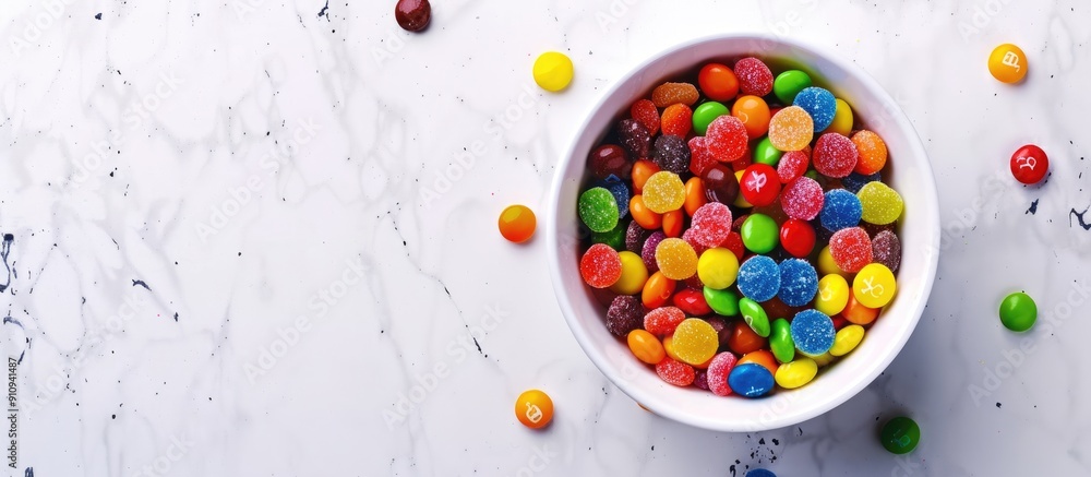Fototapete A variety of colorful candies in a white bowl displayed from a top view on a white background with space for text or graphics. Creative banner. Copyspace image