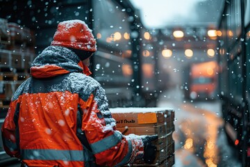 A worker clad in an orange jacket carries a box in a snowy outdoor industrial setting, emphasizing the challenges and resilience of outdoor labor in winter conditions.