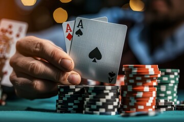 cinematic, product shot of a male hand holding the ace card, modern outfit, card game, shot by ARRFLEX 35 BL Camera, Canon K35 Prime Lenses, 70mm