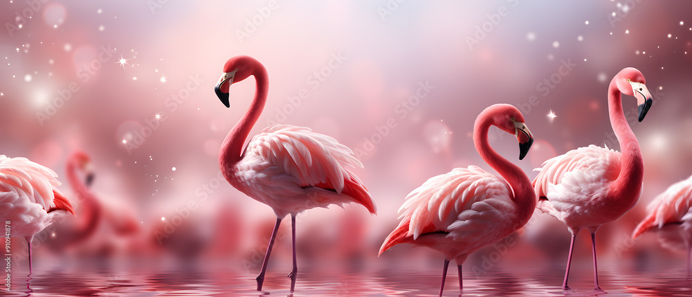 Wall mural immersive vibrant flamingo pink background with glitters, particles and blurred background, 3d illustration for festival