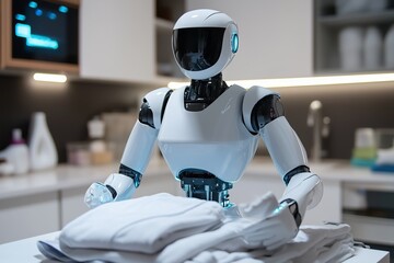 Futuristic Robot Folding Laundry in Modern Kitchen - Showcasing Advanced Robotics and AI Integration in Household Tasks
