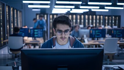 A skilled IT specialist diligently works on their personal computer, with multiple screens displaying a software program and coding language interface.