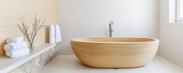 Luxurious bathroom with bamboo bathtub and natural stone accents, bamboo spa bathroom, tranquil retreat