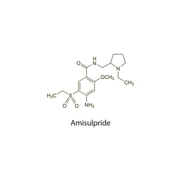 Amisulpride flat skeletal molecular structure Antipsychotic drug used in schizophrenia treatment. Vector illustration scientific diagram.