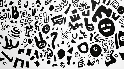 Flat scan of doodles on paper with black magic marker, abstract fun, whimsical shapes and patterns, white background