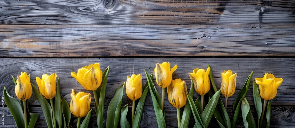 Poster a wooden backdrop with yellow tulips perfect for a copy space image ideal for a springtime greeting 