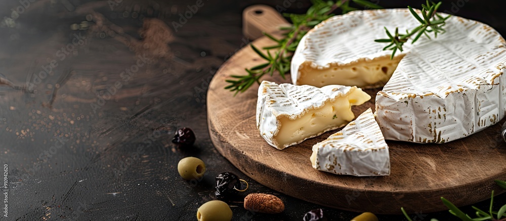 Poster farm fresh camembert cheese a rustic dairy product showcased in a copy space image