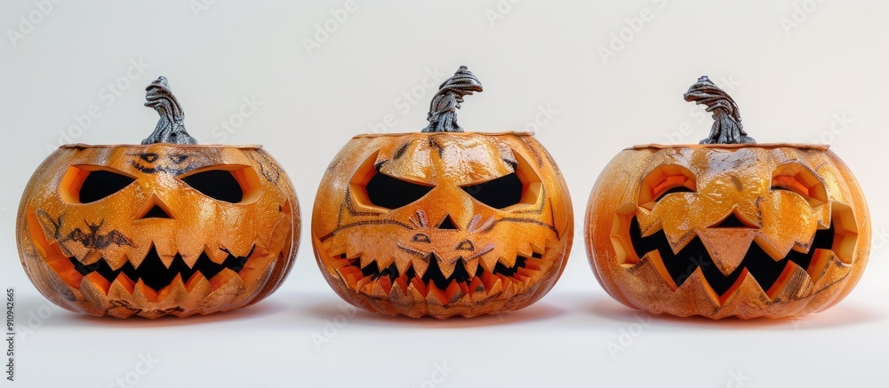 Aufkleber three halloween pumpkins adorned with intricate carvings set against a white backdrop ideal for a co