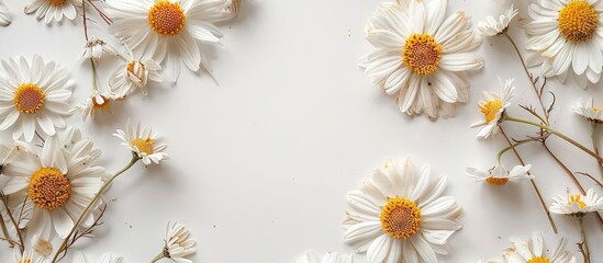 Obraz premium A white background showcases a frame made of large autumn chamomile Levcantemella flowers providing ample copy space image