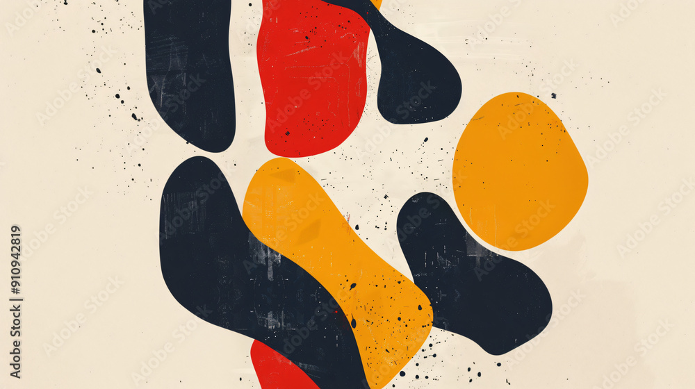 Poster abstract composition featuring organic shapes in black, red and yellow, creating a dynamic visual wi
