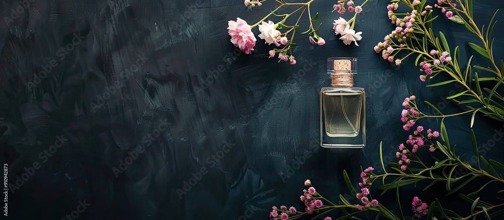 Aufkleber luxurious perfume bottle with flowers on a black background in a flat lay composition providing copy