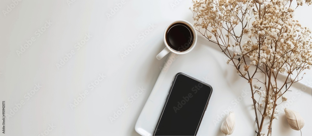 Poster Copy space image of a smartphone and dry flower on a table in a white dining room ideal for enjoying your favorite morning coffee