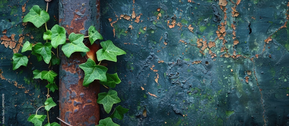 Aufkleber green ivy intertwined along a worn iron pole in a charming scene with copy space image potential