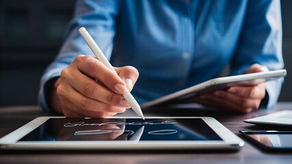 A businesswoman manager intently using a stylus pen on a tablet, likely for writing comments on a screen dashboard. 