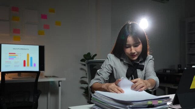 Businesswoman working overtime to find and check unfinished documents in unfinished folders and check comparative data on PC, laptop on office table.