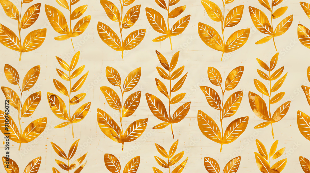 Poster elegant design with seamless golden leaves pattern on a beige background
