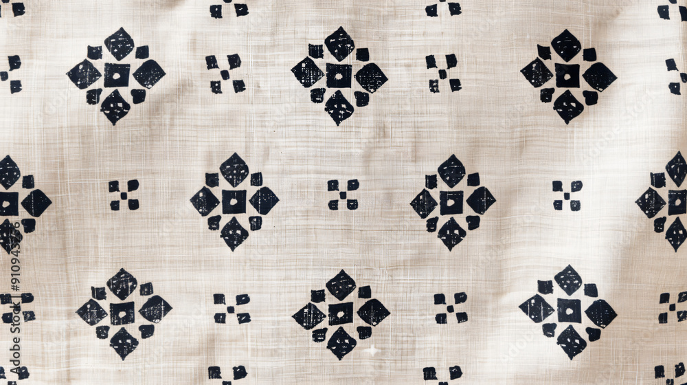 Poster versatile beige fabric texture with a geometric black floral pattern, ideal for backgrounds and arti