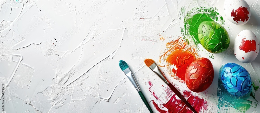 Poster gouache paint in red green and blue on white background ready for coloring easter eggs with text are