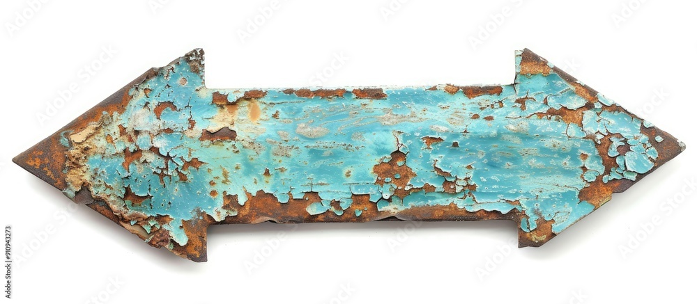 Aufkleber Rusty iron plate with peeling coating and scratches in cyan arrow shape on white backdrop ideal for copy space image