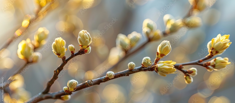 Poster Selective focus on tree buds opening in early spring with a background suitable for copy space image