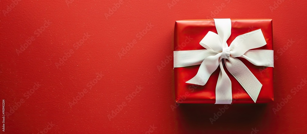 Poster a festive christmas gift box with a white bow on a red backdrop creating a seasonal ambiance in the 