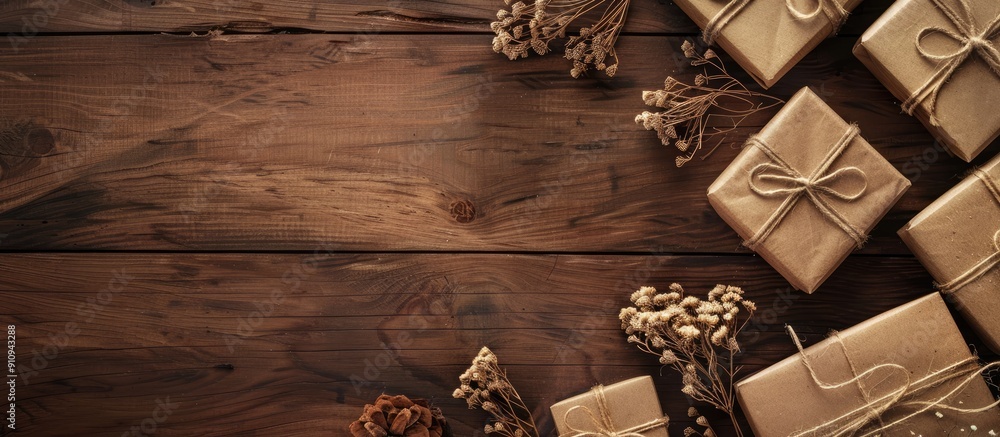 Poster A wooden background adorned with gift boxes and dried flowers offering an elegant display with ample copy space image