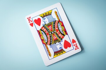 a realistic photo of the card king of hearts The background is flat light blue