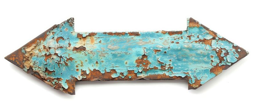 Rusty iron plate with peeling coating and scratches in cyan arrow shape on white backdrop ideal for copy space image