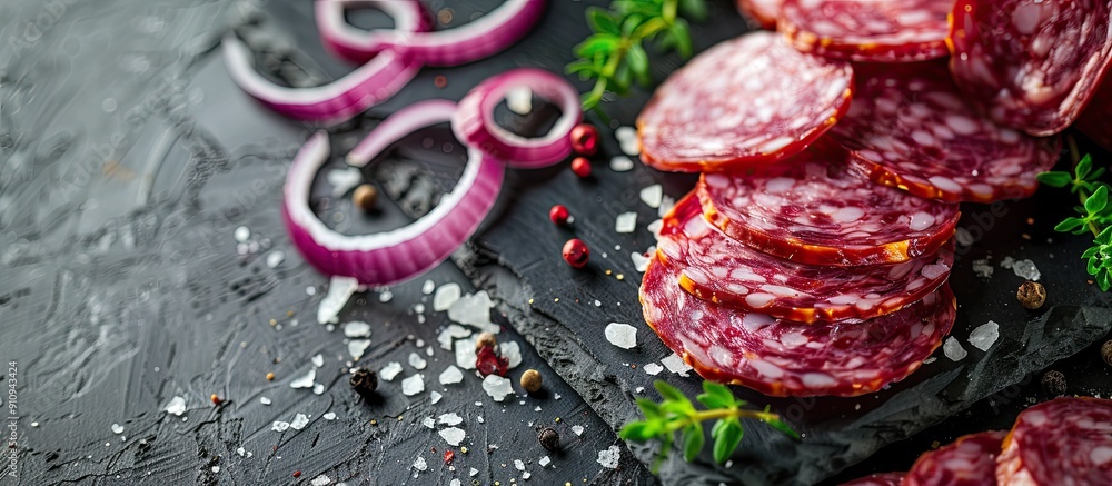 Poster a macro shot of fresh salami slices with onions on a black board perfect for a copy space image