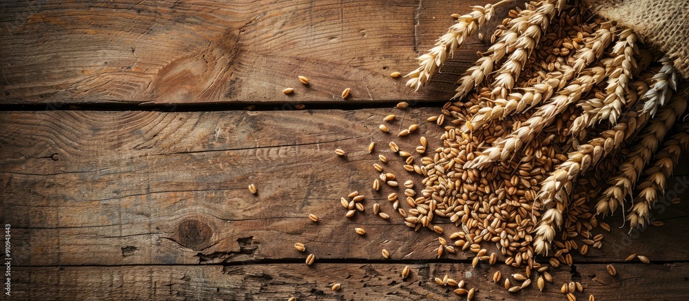Aufkleber Wheat spilled on wooden table creating a captivating copy space image