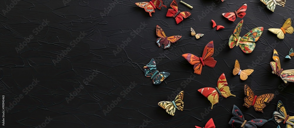 Poster Fabric butterflies intricately decorate a black backdrop in a top down view creating a visually appealing image with blank space for text. Creative banner. Copyspace image