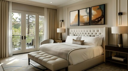 An elegant guest bedroom with a queen-sized bed, luxurious bedding, and a private balcony. The room is decorated in a modern style with soft colors and tasteful artwork.