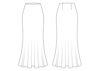 Vector fashion technical drawing of a silk skirt with front and back view. Long length. Hidden zipper at upper left side seam. Back dart detail. Woven fabric.
