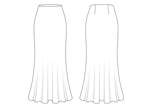 Vector fashion technical drawing of a silk skirt with front and back view. Long length. Hidden zipper at upper left side seam. Back dart detail. Woven fabric.