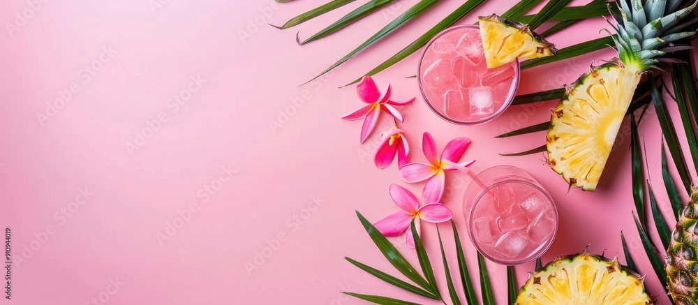 Aufkleber Pink summer background with a pineapple drink top view flat lay showcasing the set room for text in the image. Creative banner. Copyspace image