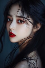 Fototapeta premium A woman with long black hair and red lipstick