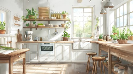 Bright and modern kitchen with natural light, wooden accents, plants, and contemporary design elements in a cozy home setting.