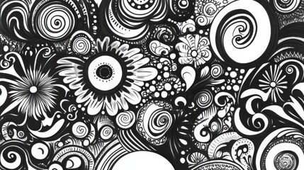 Fun and intricate black magic marker doodles on paper, flat scan, abstract design, white background