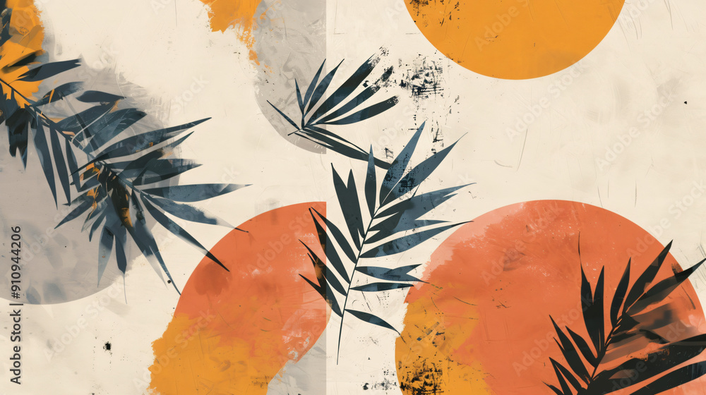 Poster modern and stylish abstract tropical design with dark palm leaves and orange circles in the backgrou