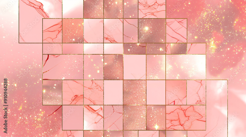 Leinwandbilder geometric pattern with pink marble texture and golden lines on abstract background