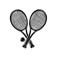 Crossed tennis rackets and ball in black and white, minimal style.