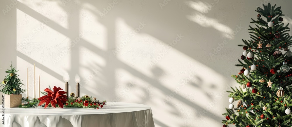 Poster round table with christmas decorations on a white wall background in the kitchen with shadow creatin
