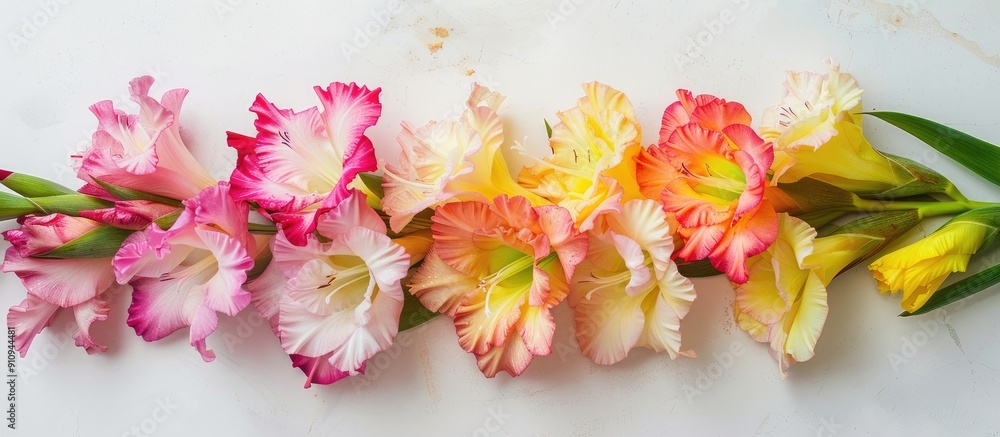 Poster pink and yellow gladiolus bouquet on a white backdrop ideal for a holiday card with a floral frame a